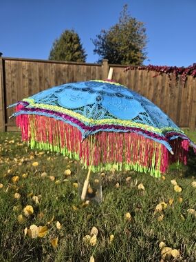 Turquoise Lace Parasol with Neon Pink & Lime Doublr Fringe